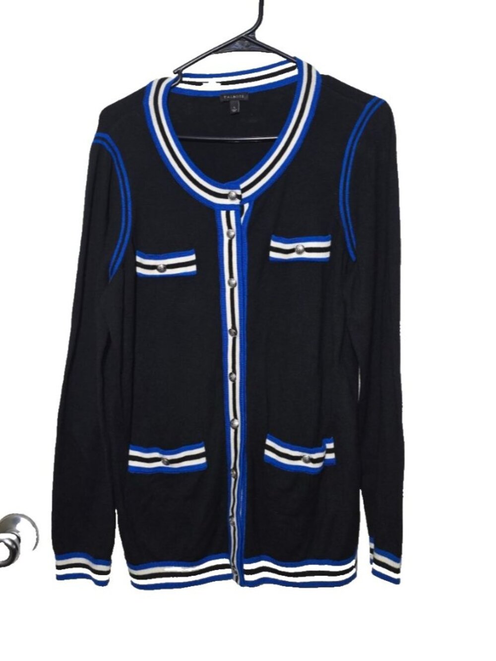 Talbots Cardigan Sz L Button Up Professional Black Blue Trim Workwear Business